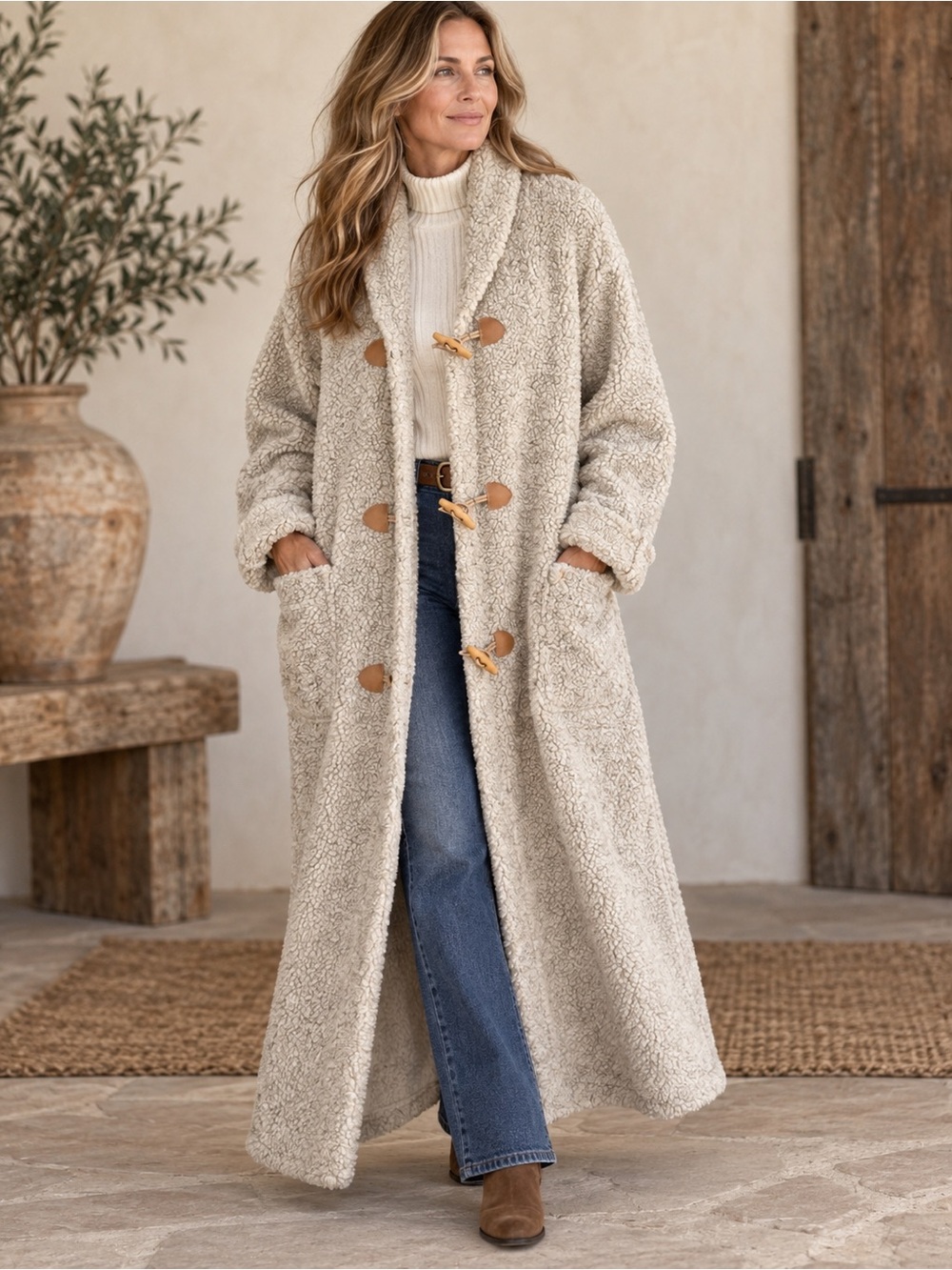 Vintage 1990s Coldwater Creek Sherpa Long Length Maxi Toggle Duffle Coat SIZE XL